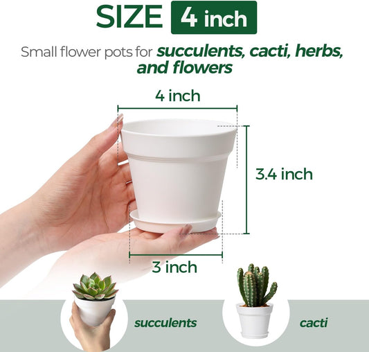 T4U Small Plant Pots 4 Inch 8 Pack, Plastic Indoor Flower Pots Saucer White