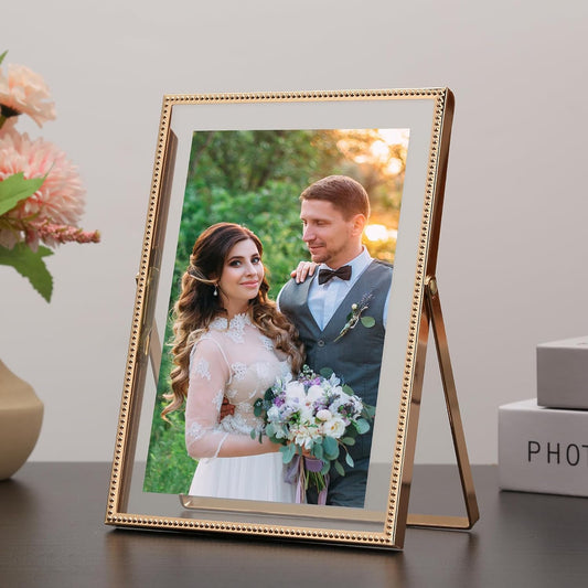 Gold 5x7'' Floating Picture Frames 2Pack,for Photo Sizes(3.5x5&4x6),Beaded Metal Edge,Adjustable Tabletop/Shelf Display for Wedding,Home & Office Decor