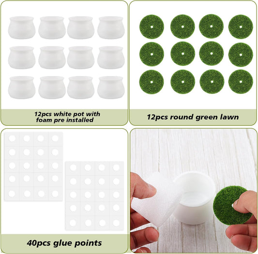 FINGOOO 2 Inch Little White Pots, 12 Pack Plastic Plant Pots with Foam and Simulated Lawn for Crochet Flowers Knit Plants DIY Craft Home Desk Decor
