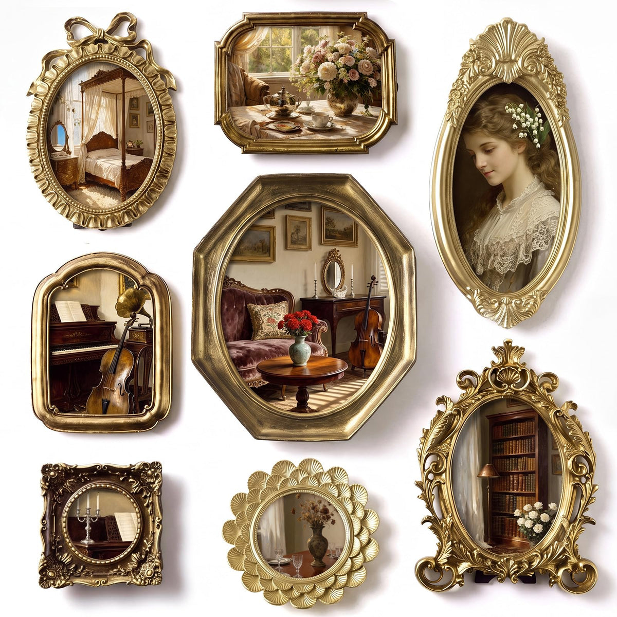 Lineshading 8 Pcs Vintage Picture Frames Set for Gallery Wall, Antique Gold