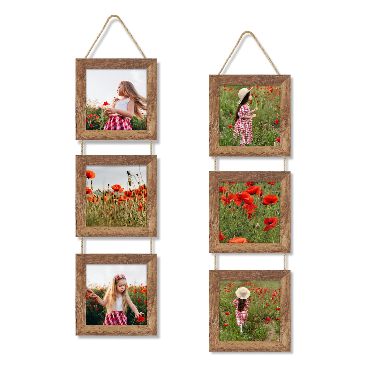 4x6 Collage Picture Frames Set of 2, Rustic Wooden Real Glass Vertical Hanging 3 Opening 4 by 6 Photo Frame, Rustic Brown