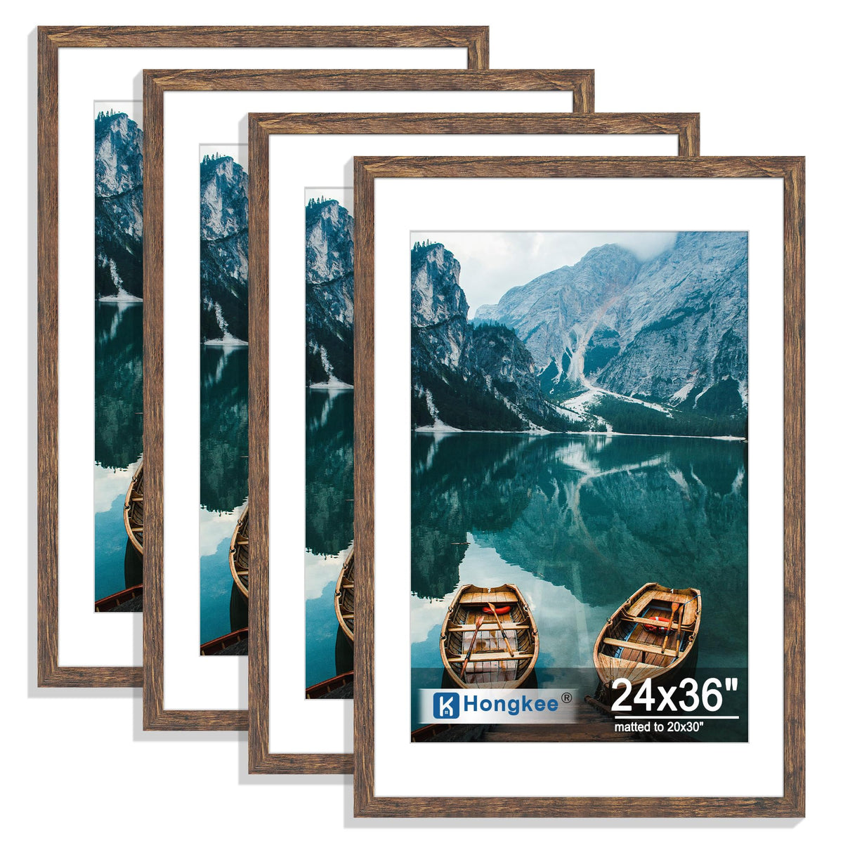 Hongkee 8x10 Picture Frame Set of 4, Real Glass and Wood Frame, 5x7 Mat