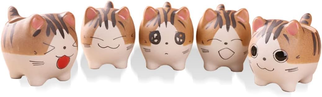 Set of 5 Mini Cute Cat Ceramic Succulent Pots Planters with Drainage Hole