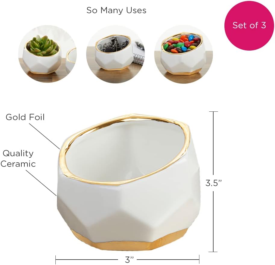 Kate Aspen Geometric Ceramic Planters, Mini Decorative Bowls (Set of 3) Small- Succulent Pots, Modern Decor, Shelf Decor, Desk, Table Décor, White