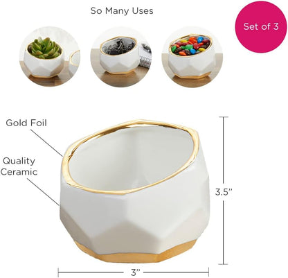 Kate Aspen Geometric Ceramic Planters, Mini Decorative Bowls (Set of 3) Small- Succulent Pots, Modern Decor, Shelf Decor, Desk, Table Décor, White