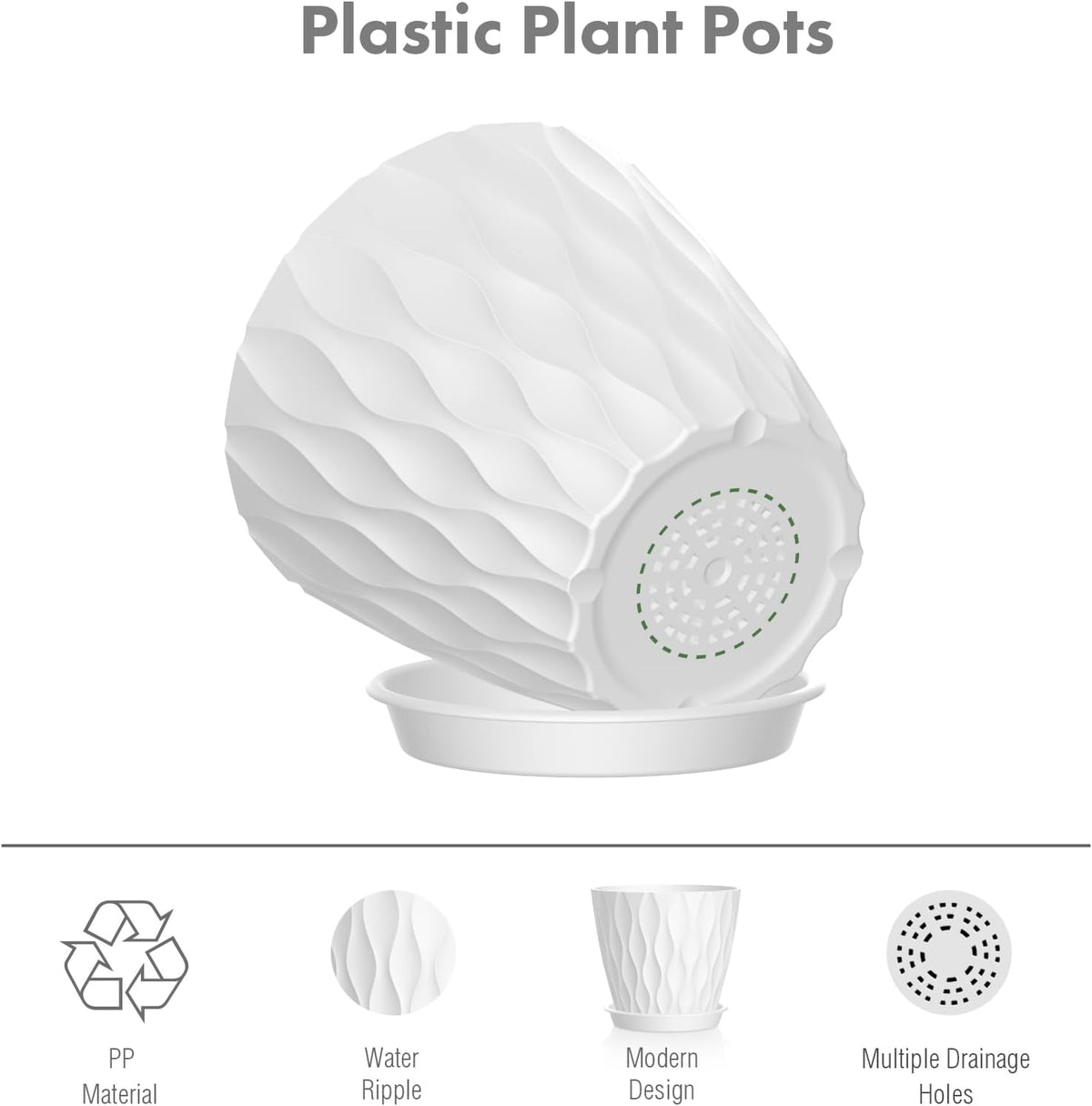 Meowell 4 inch Small Plastic Nursery Pots, 5 Pack Water Ripples Plant Pots for Indoor Plants, Flower Pots with Drainage Holes and Saucers, Seedling Starter Planters for Succulent Plants, White