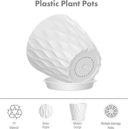 Meowell 4 inch Small Plastic Nursery Pots, 5 Pack Water Ripples Plant Pots for Indoor Plants, Flower Pots with Drainage Holes and Saucers, Seedling Starter Planters for Succulent Plants, White