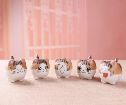 Set of 5 Mini Cute Cat Ceramic Succulent Pots Planters with Drainage Hole