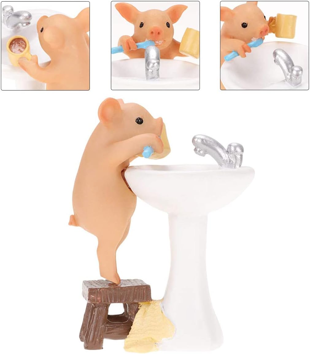 Mini Pig Figurine, Resin Home Decor, Lucky Animal Garden Statue for Micro Landscape (Pig Brushing Teeth)