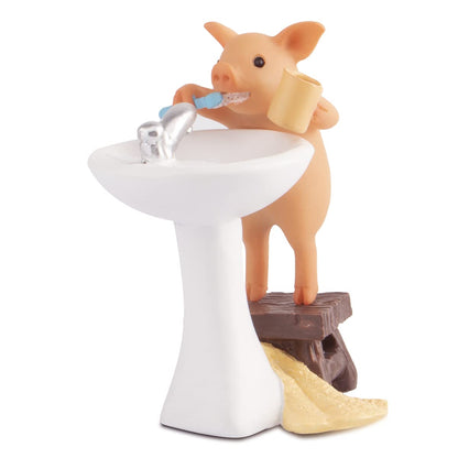 Mini Pig Figurine, Resin Home Decor, Lucky Animal Garden Statue for Micro Landscape (Pig Brushing Teeth)