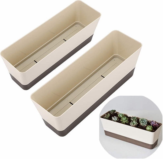 Skelang 2 Pcs Rectangular Plant Pot, 12" Watering Plant Container with Drainage Hole, Window Planter Box with Saucer for Succulents, Flowers, Herbss