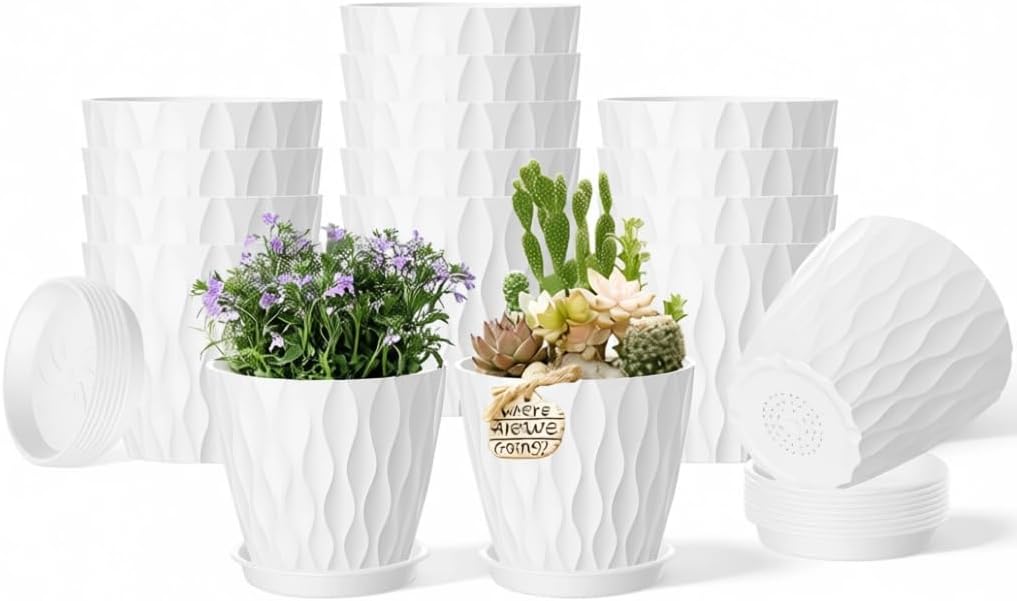 16 Pack 4 Inch Plastic Planter Pots with Tray, Heavy Duty Indoor Outdoor Planter Pots with 48 Drainage Holes for Herbs, Succulents, Seedlings, Flowers Durable and Lightweight White