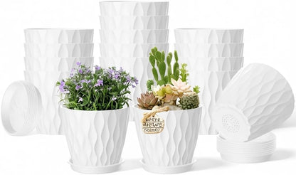 16 Pack 4 Inch Plastic Planter Pots with Tray, Heavy Duty Indoor Outdoor Planter Pots with 48 Drainage Holes for Herbs, Succulents, Seedlings, Flowers Durable and Lightweight White