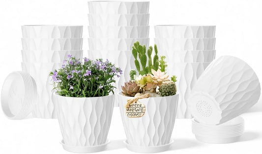 16 Pack 4 Inch Plastic Planter Pots with Tray, Heavy Duty Indoor Outdoor Planter Pots with 48 Drainage Holes for Herbs, Succulents, Seedlings, Flowers Durable and Lightweight White
