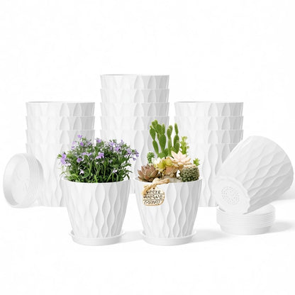 16 Pack 4 Inch Plastic Planter Pots with Tray, Heavy Duty Indoor Outdoor Planter Pots with 48 Drainage Holes for Herbs, Succulents, Seedlings, Flowers Durable and Lightweight White