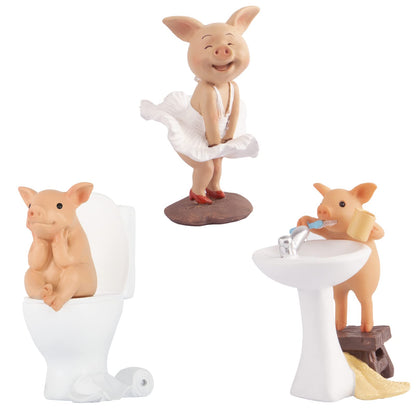 Mini Pig Figurine, Resin Home Decor, Lucky Animal Garden Statue for Micro Landscape (Pig Brushing Teeth)