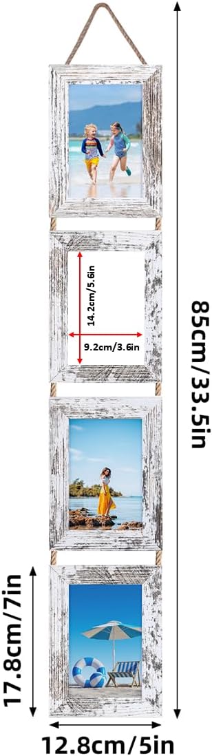 Lavezee 4x6 Hanging Collage Picture Frames Set of 2, 8 Opening Vertical Frame Made to Display 4 by 6 Inch Photo for Wall Decor, Distressed White