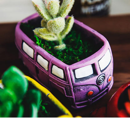 Cute Succulent Plants Pots, Small Planter Pots with Drainage Hole, Flower Pots for Home Indoor Outdoor Garden Decoration (Purple Bus)