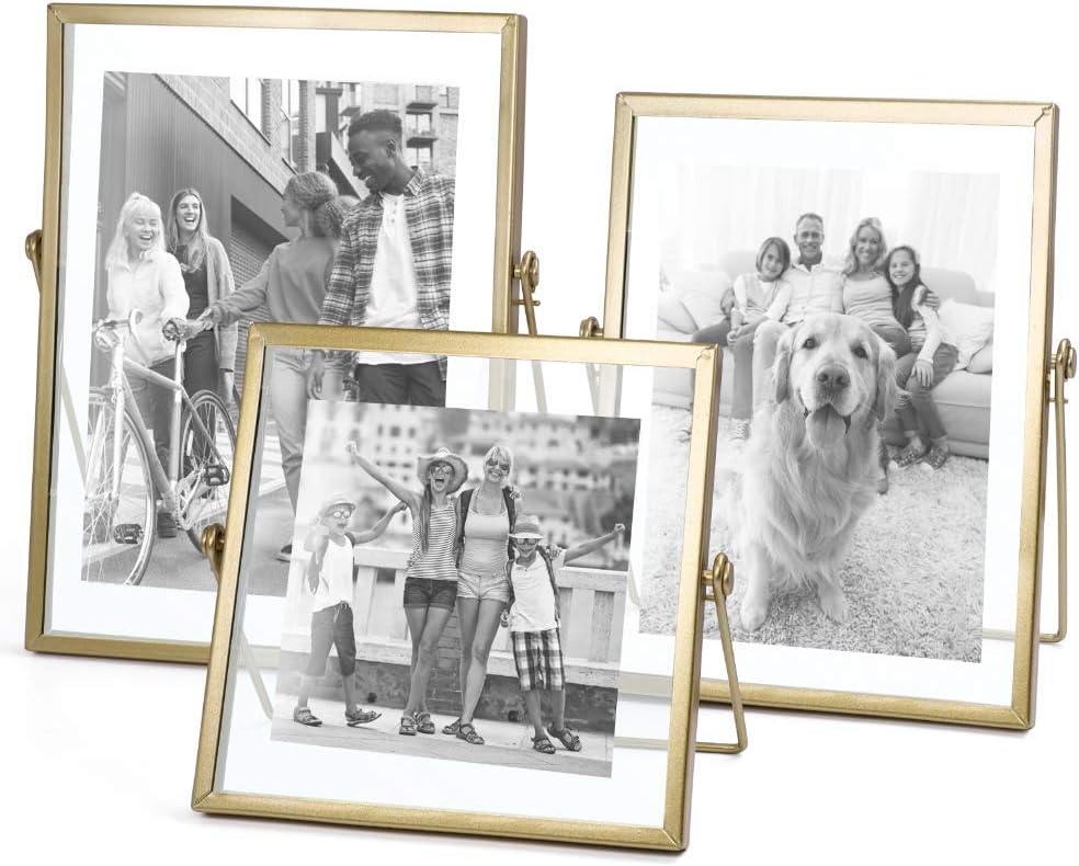 Gold Picture Frames Set of 3 — 4x4 4x6 5x7 Floating Glass Photo Frame Gift