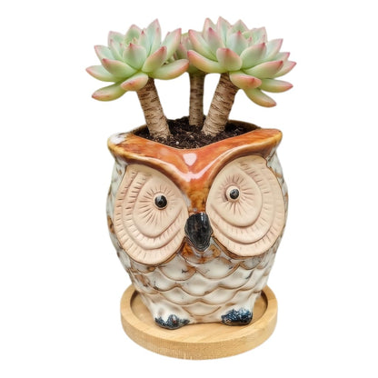 Mini 3.5 Inch Ceramic Owl Planter Pot with Drainage Hole & Bamboo Tray – Small Hand-Painted Animal Flower Pot for Succulent, Cactus, Desktop Decor, Plant Lovers Gift (No Plants/Soil)，Blue