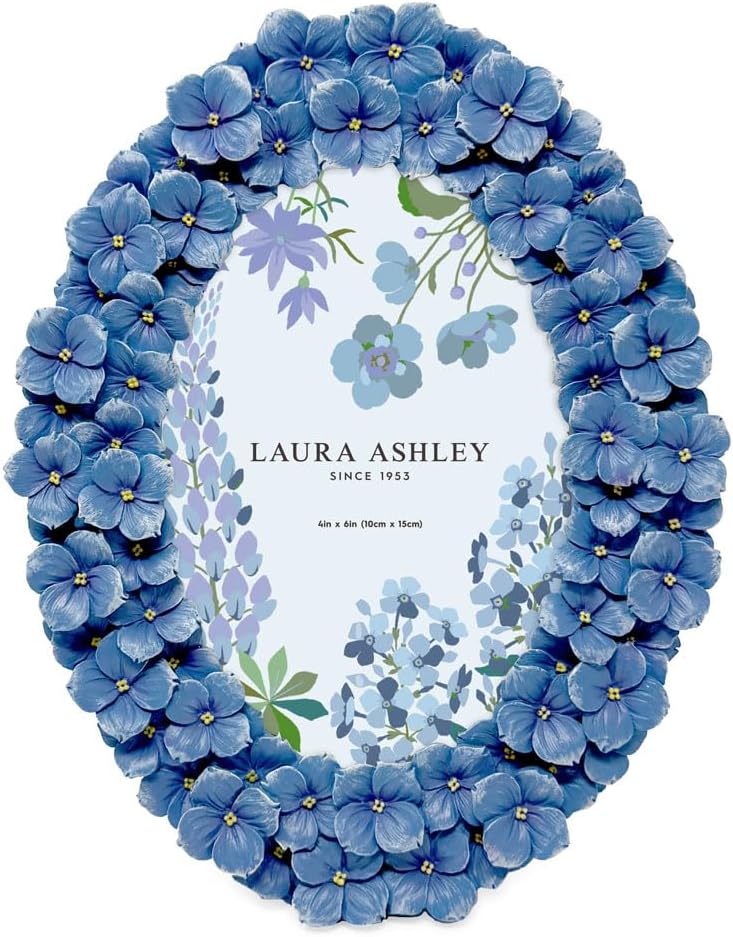 Laura Ashley 4x6 Blue Hydrangea Flower Oval Picture Frame with Easel & Hook