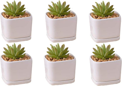 SeaStar Ceramic Succulent Mini Planter Pot,Mini 6 Set 2x1.65x2inch Square Modern Minimalist White/Window Box with Saucer for Office,Desk,House Balcony Landscape