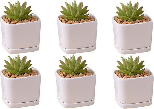 SeaStar Ceramic Succulent Mini Planter Pot,Mini 6 Set 2x1.65x2inch Square Modern Minimalist White/Window Box with Saucer for Office,Desk,House Balcony Landscape