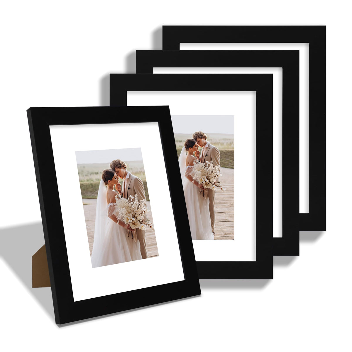 Hongkee 8x10 Picture Frame Set of 4, Real Glass and Wood Frame, 5x7 Mat