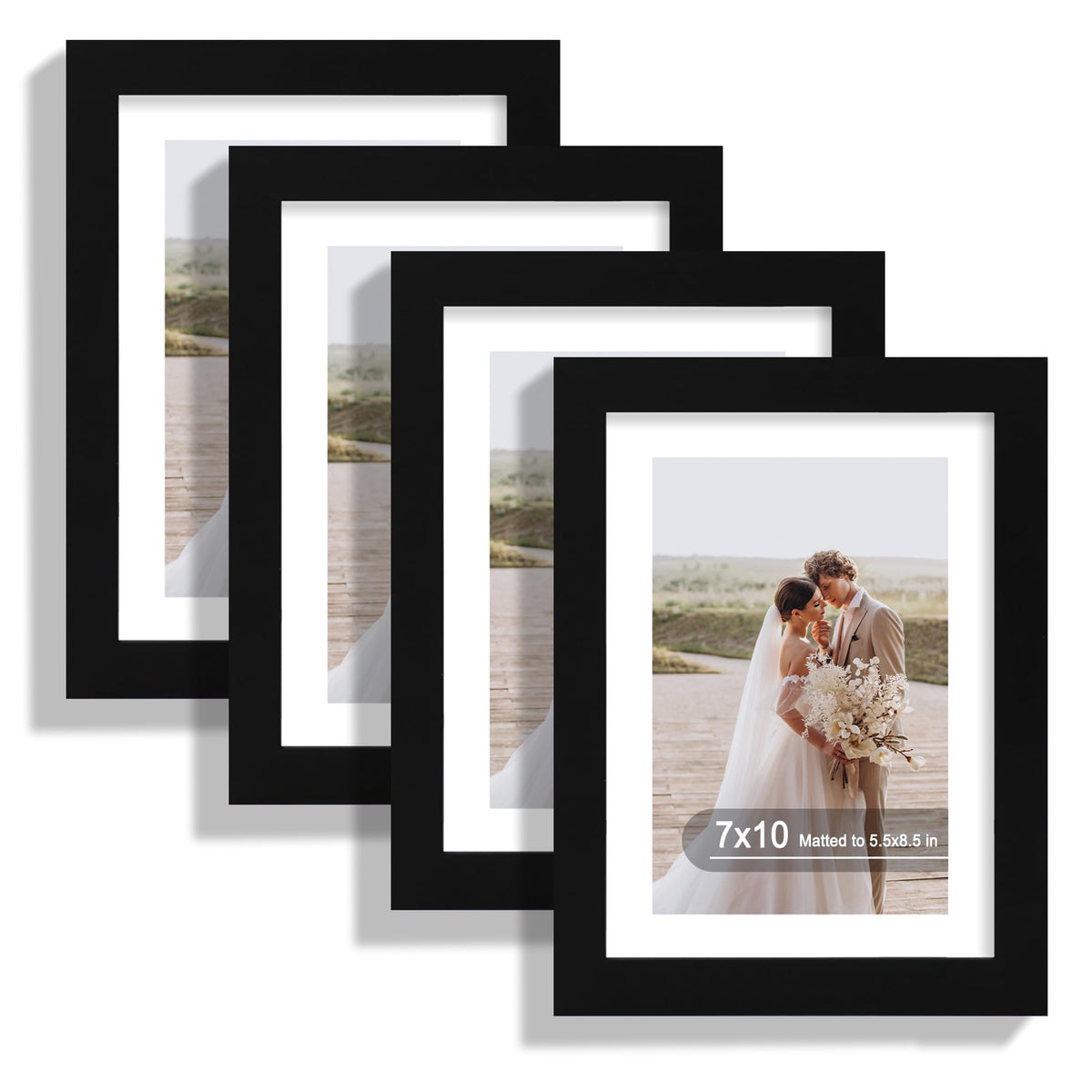 Hongkee 8x10 Picture Frame Set of 4, Real Glass and Wood Frame, 5x7 Mat