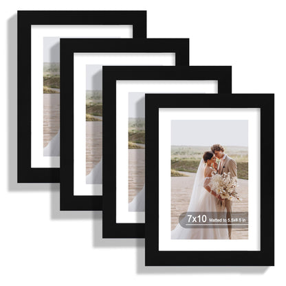 Hongkee 8x10 Picture Frame Set of 4, Real Glass and Wood Frame, 5x7 Mat