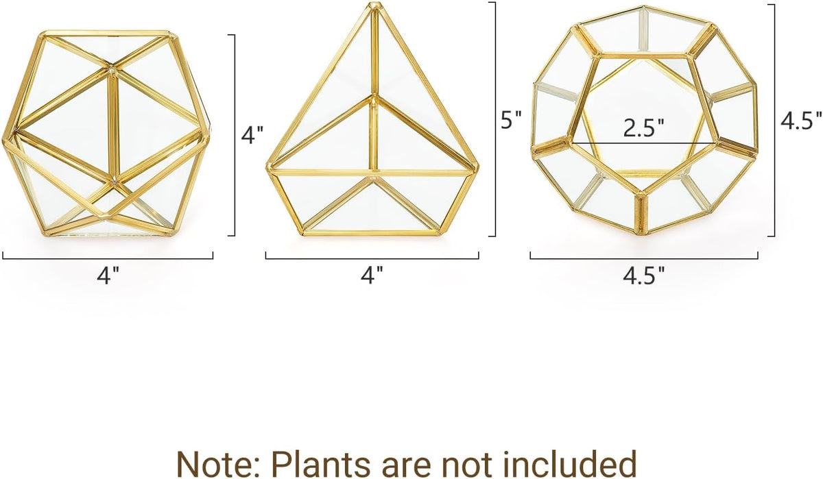 Mkono 3 Pack Geometric Glass Terrarium, 4" Gold Air Plant Holder Tabletop