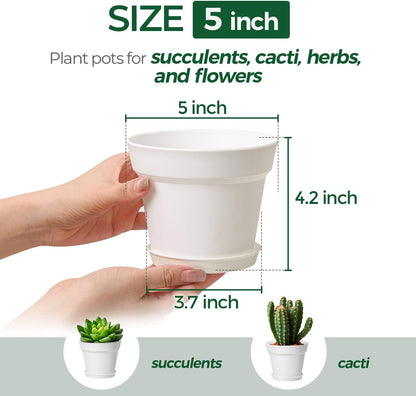T4U Small Plant Pots 5 Inch 18 Pack, Plastic Flower Pots with Saucer White