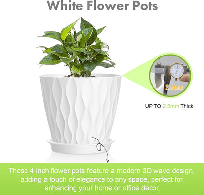 Meowell 4 inch Small Plastic Nursery Pots, 5 Pack Water Ripples Plant Pots for Indoor Plants, Flower Pots with Drainage Holes and Saucers, Seedling Starter Planters for Succulent Plants, White