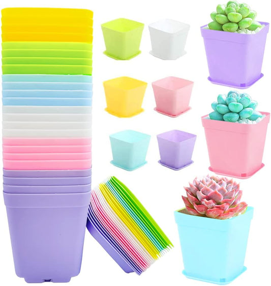 24Pack 3 Inch Plastic Plant Pots,Square Seedling Nursery Pots Succulent Flower Planter Container with Saucers for Garden,Room,Office,Balcony Decor,Multicolor