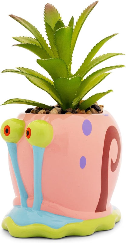 Silver Buffalo Nickelodeon Spongebob Squarepants Gary 3-Inch Sculpted Ceramic Mini Planter with Artificial Succulent, Faux Indoor Plants