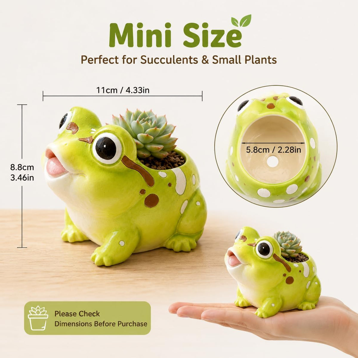 Cute Frog Succulent Planter with Drainage Hole & Plug, Mini Resin Plant Pot for Indoor Outdoor Patio Desk Decor, Funny Animal Flower Pot Gift