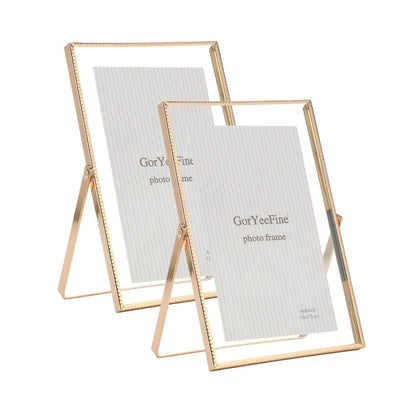 Gold 8x10'' Floating Frame Set of 2,For Photo Sizes( 5x7'',6x8'',7x9''),Beautiful Metal Beaded Edge Frames Adjustable Tabletop/Shelf Photo Frame,Classy Gift Choice for Wedding