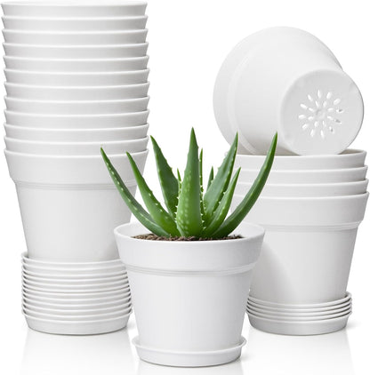 T4U Small Plant Pots 5 Inch 18 Pack, Plastic Flower Pots with Saucer White