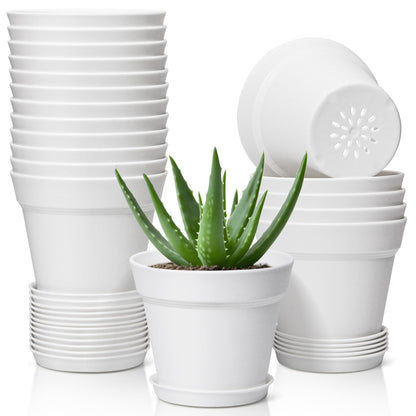 T4U Small Plant Pots 5 Inch 18 Pack, Plastic Flower Pots with Saucer White