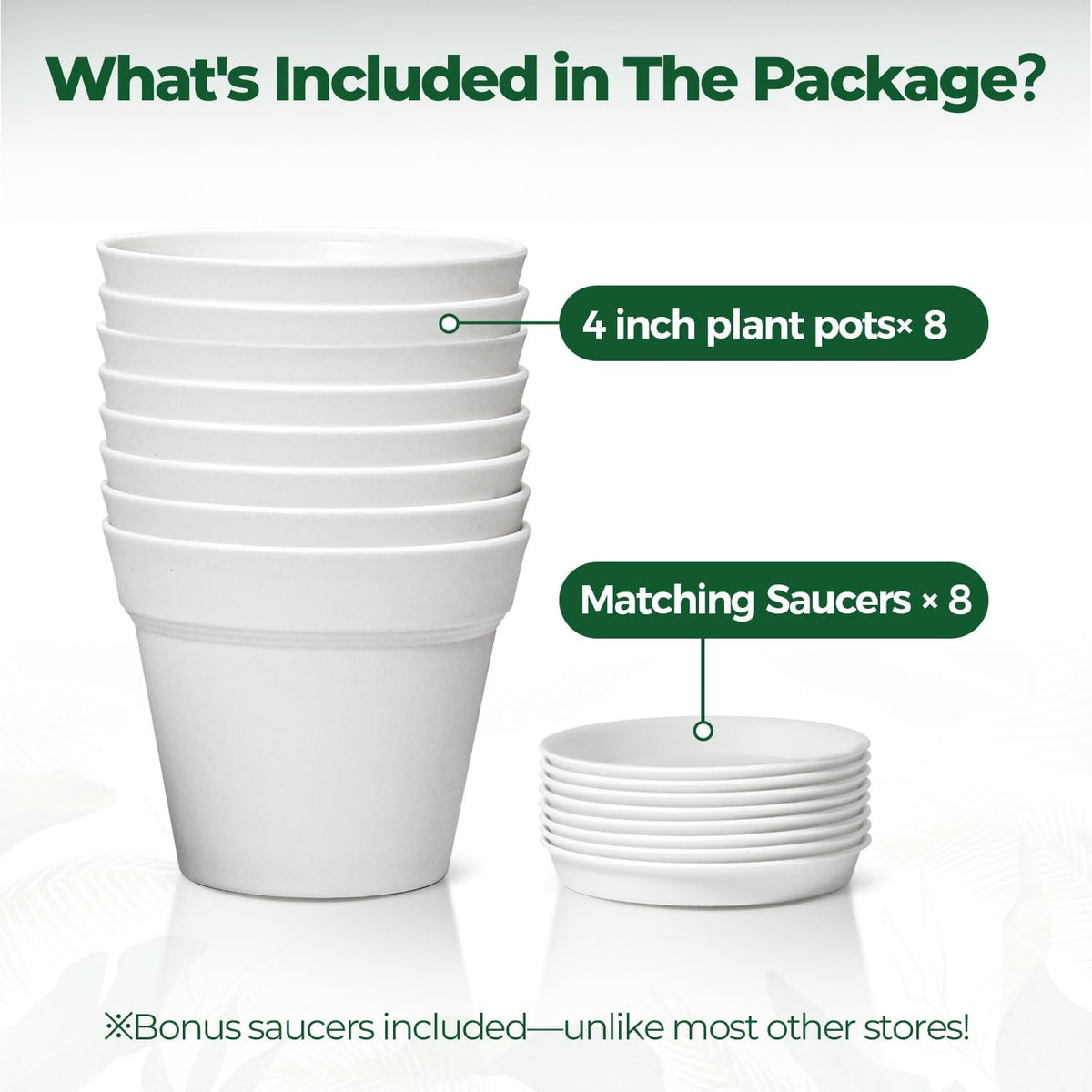 T4U Small Plant Pots 4 Inch 8 Pack, Plastic Indoor Flower Pots Saucer White