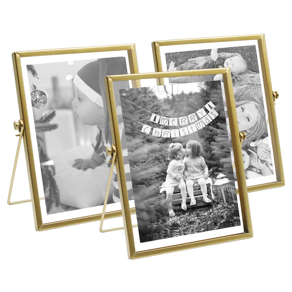 Gold Picture Frames Set of 3 — 4x4 4x6 5x7 Floating Glass Photo Frame Gift