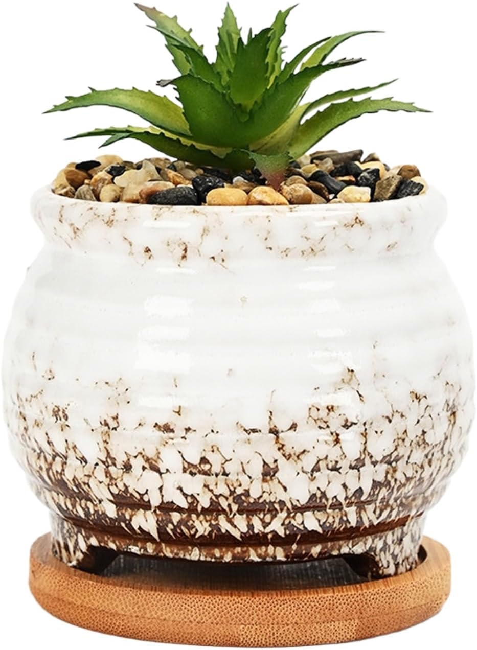 3.5 Inch Ceramic Succulent Planter Pot with Drainage Hole & Bamboo Tray - Mini Round Small Plant Pot for Indoor Desktop, Cactus Flower Container (Plant and Soil Not Included)，White