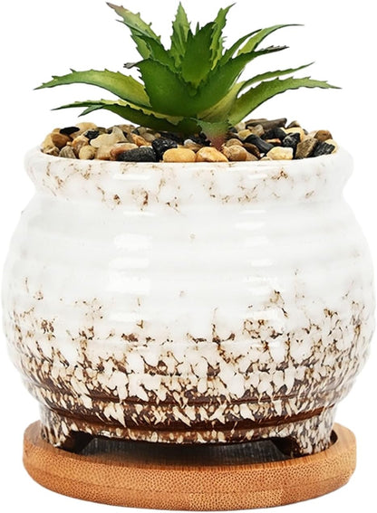 3.5 Inch Ceramic Succulent Planter Pot with Drainage Hole & Bamboo Tray - Mini Round Small Plant Pot for Indoor Desktop, Cactus Flower Container (Plant and Soil Not Included)，White