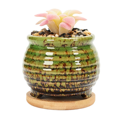 3.5 Inch Ceramic Succulent Planter Pot with Drainage Hole & Bamboo Tray - Mini Round Small Plant Pot for Indoor Desktop, Cactus Flower Container (Plant and Soil Not Included)，White