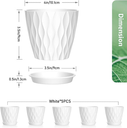 Meowell 4 inch Small Plastic Nursery Pots, 5 Pack Water Ripples Plant Pots for Indoor Plants, Flower Pots with Drainage Holes and Saucers, Seedling Starter Planters for Succulent Plants, White