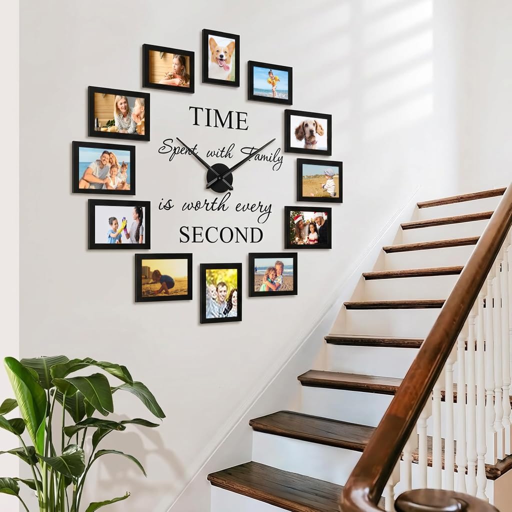 Family Picture Frames Collage Wall Decor - 4x6 Collage Picture Frames Photo Frame for Wall Picture Frame DIY Black Large Clocks for Living Room Decor