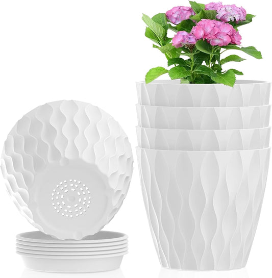 Meowell 4 inch Small Plastic Nursery Pots, 5 Pack Water Ripples Plant Pots for Indoor Plants, Flower Pots with Drainage Holes and Saucers, Seedling Starter Planters for Succulent Plants, White