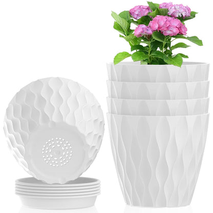 Meowell 4 inch Small Plastic Nursery Pots, 5 Pack Water Ripples Plant Pots for Indoor Plants, Flower Pots with Drainage Holes and Saucers, Seedling Starter Planters for Succulent Plants, White