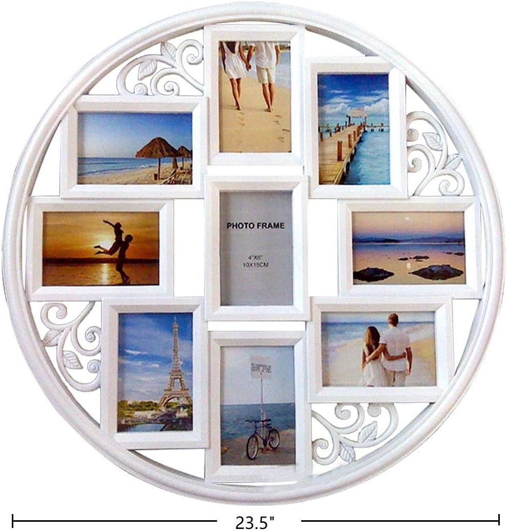 MKUN 4x6 Wall Collage Picture Frames - Round Circular Wall hanging Picture Photo Collage Frame with leaf decoration, 9- Opening (White)