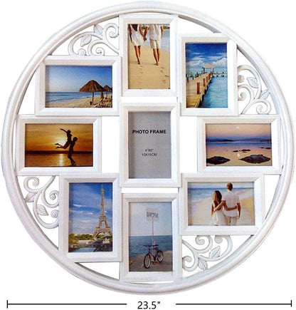 MKUN 4x6 Wall Collage Picture Frames - Round Circular Wall hanging Picture Photo Collage Frame with leaf decoration, 9- Opening (White)